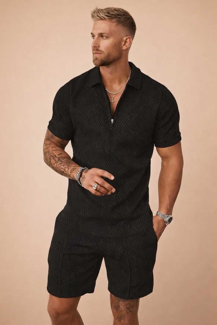 Modern summer outfit: Men's short-sleeve polo shirt paired with matching shorts.