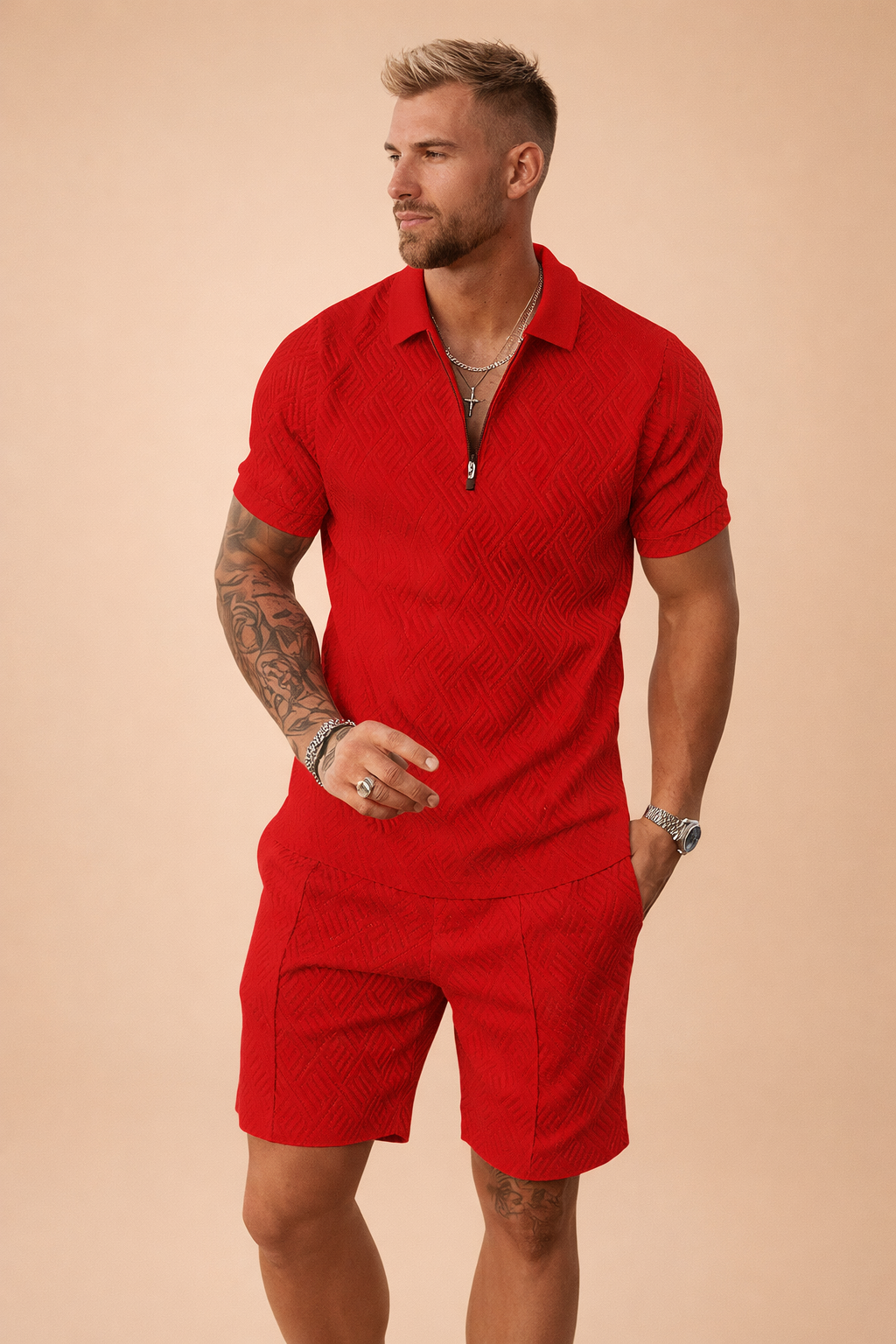 Close-up of a men's summer polo shirt with collar detail and paired shorts.