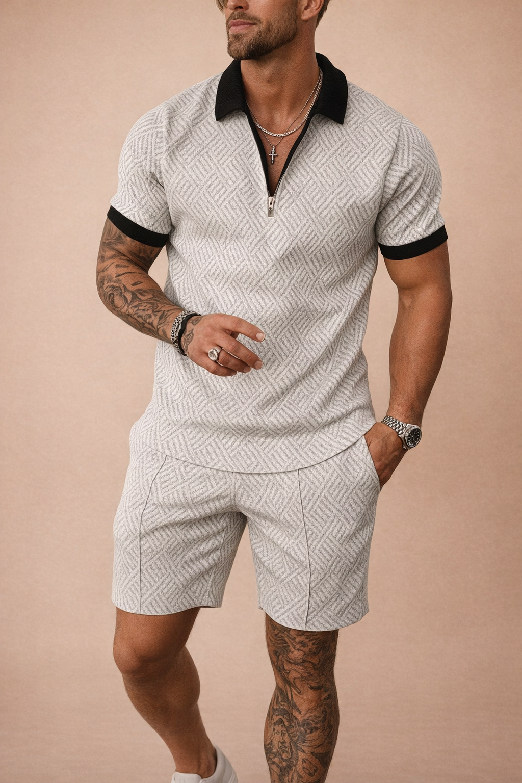 Full view of a men's casual set: collared polo shirt and knee-length shorts.