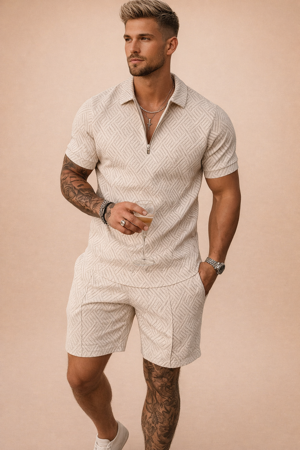 Men's fashion two-piece set: breathable polo shirt and stylish athletic shorts.