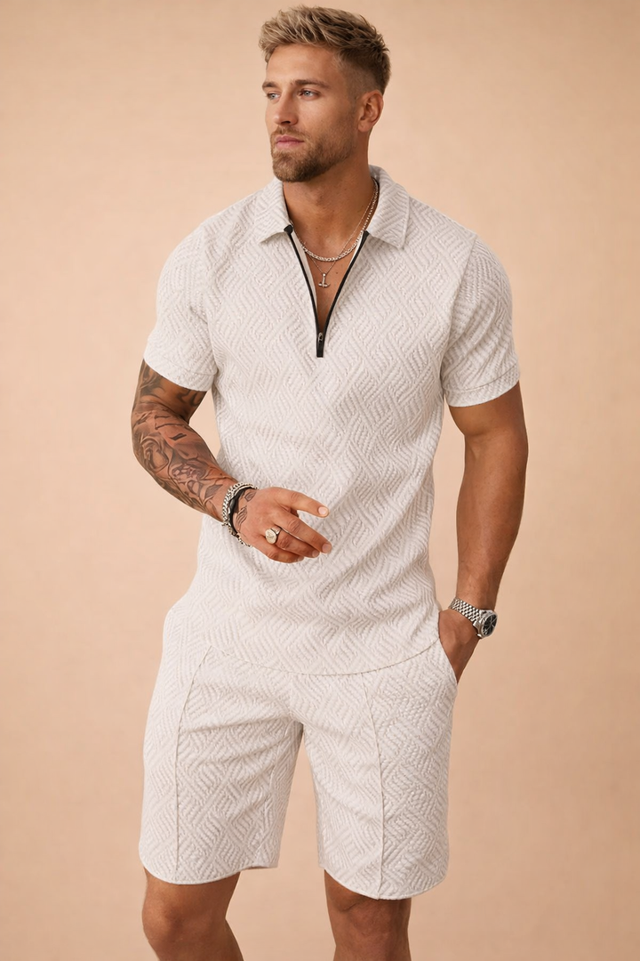 Perfect summer look: Men's collared polo shirt and coordinated shorts.