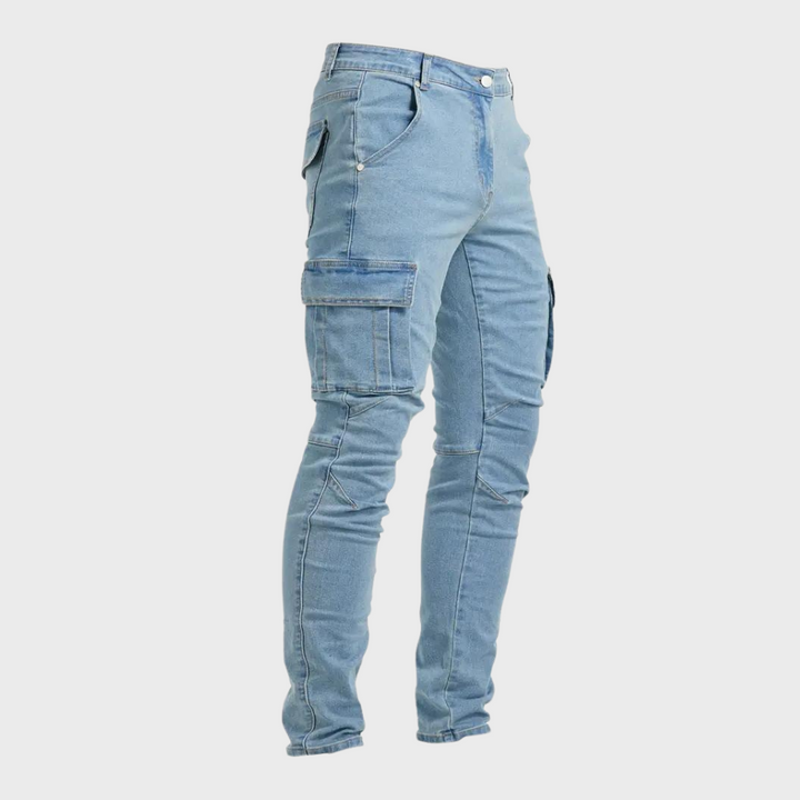 Close-up of men's stretch cargo pants showing durable fabric and utility pockets.