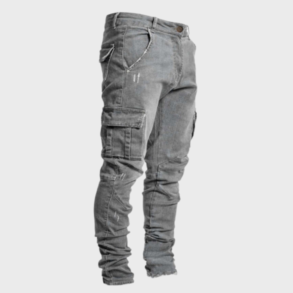 Model wearing casual men's cargo pants, highlighting the comfortable fit and style.