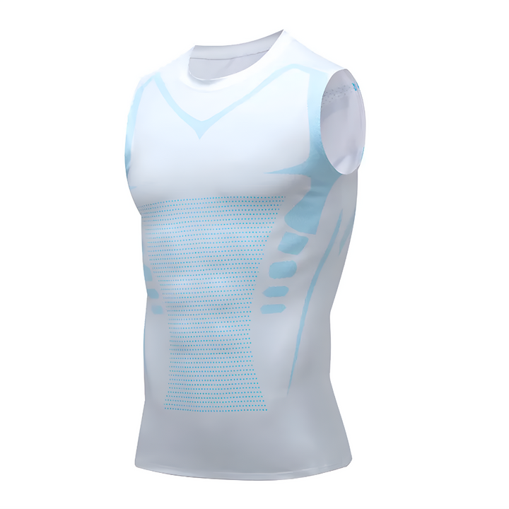Men's posture correcting compression undershirt for chest sculpting and confident shaping.