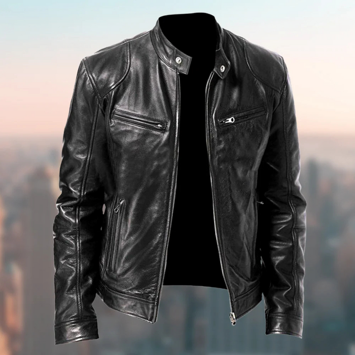 Men's elegant black leather zip-up jacket for versatile everyday fashion.