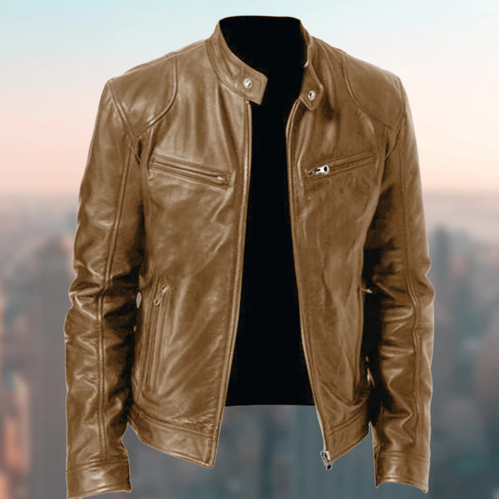 Fashionable men's outerwear: versatile elegant leather zip-up jacket.