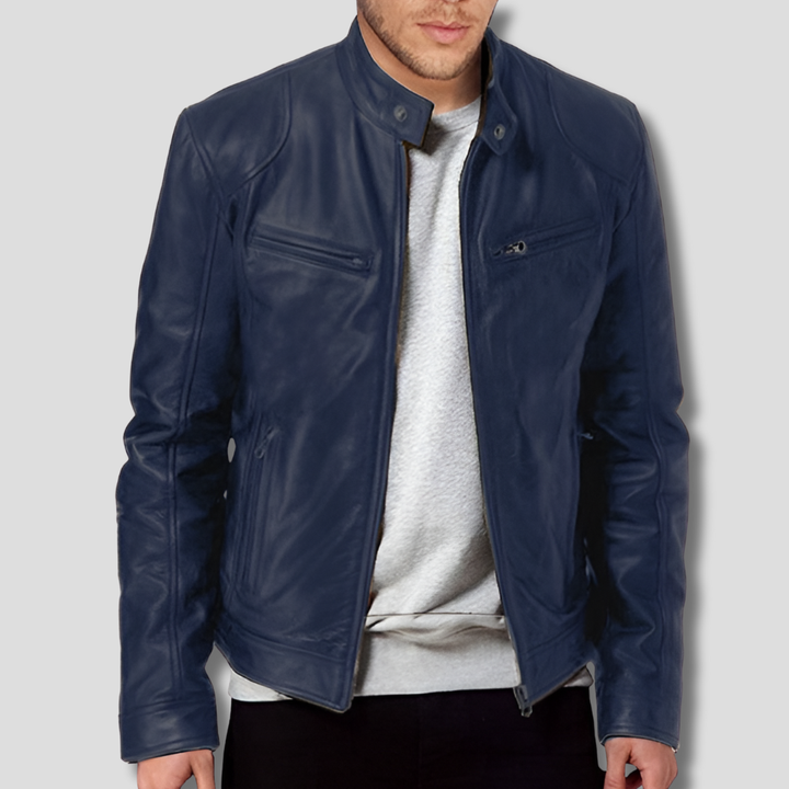 Durable men's leather jacket offering a classic fit and elegant style.