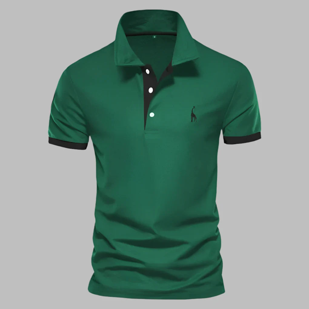 Stylish men's short sleeve polo shirt with button placket, ideal for elegant comfort & everyday wear.