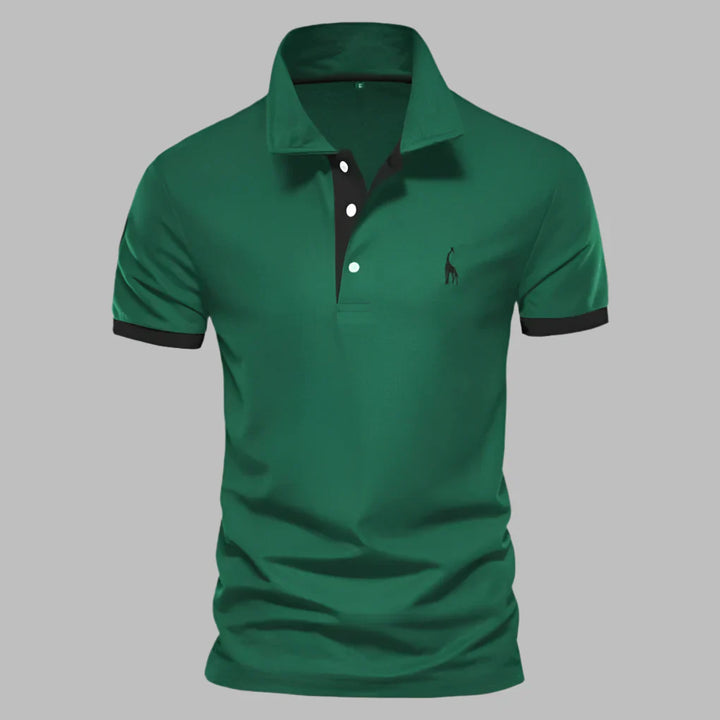 Stylish men's short sleeve polo shirt with button placket, ideal for elegant comfort & everyday wear.