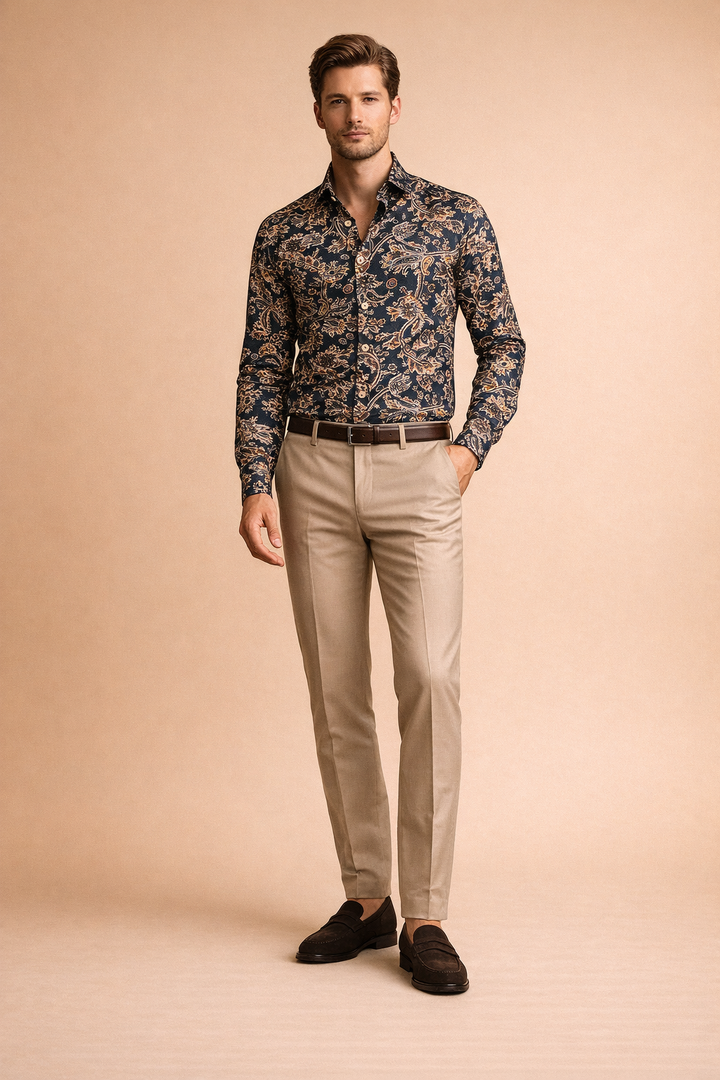 Stylish long-sleeve men's floral patterned button-up shirt. Modern casual fashion statement for versatile wear.