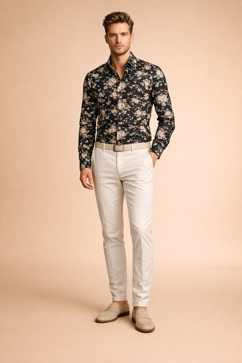 Versatile men's floral button-up shirt. Ideal for casual modern fashion, summer events, or a stylish statement.