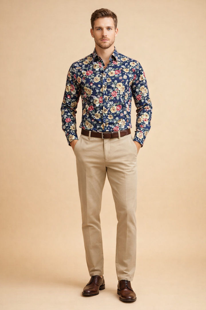Statement men's floral long-sleeve button-up shirt. Modern casual patterned top, perfect for men's stylish fashion.