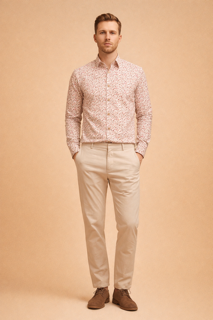 Comfortable men's floral patterned button-up shirt. A modern casual long-sleeve fashion essential for stylish men.