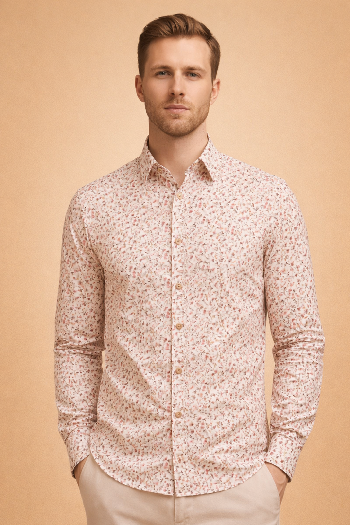 Modern men's long-sleeve floral shirt. Stylish button-up patterned top for casual fashion, summer, or daywear.