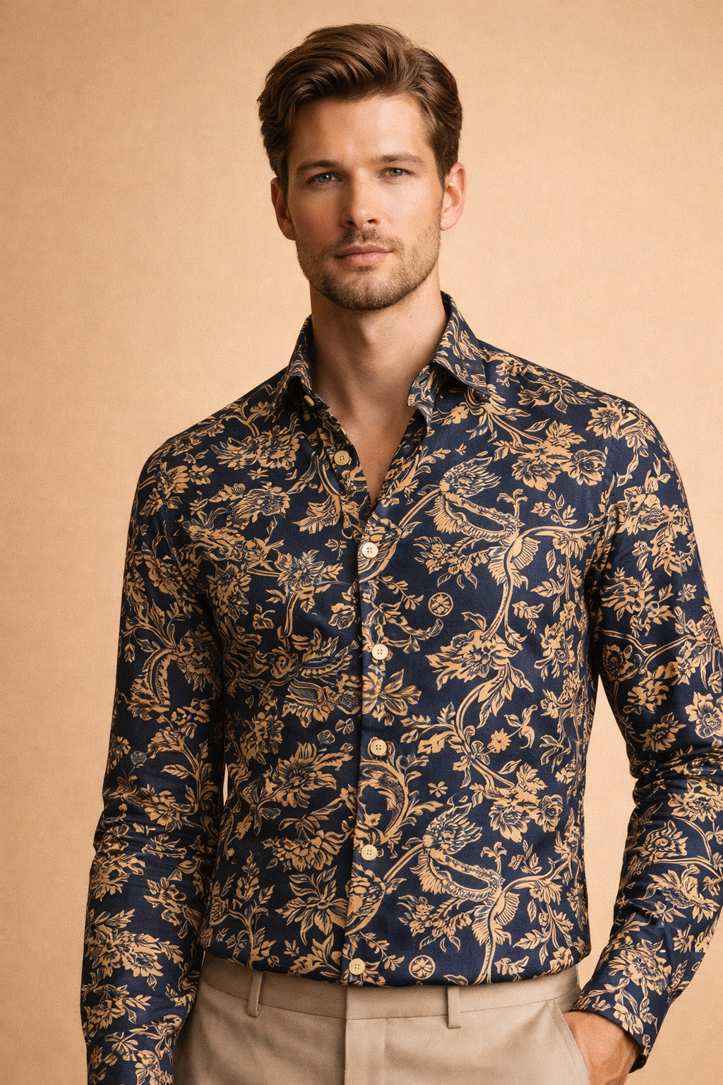 Trendy men's floral button-up shirt. Casual long-sleeve patterned style for modern men's fashion. Versatile top.
