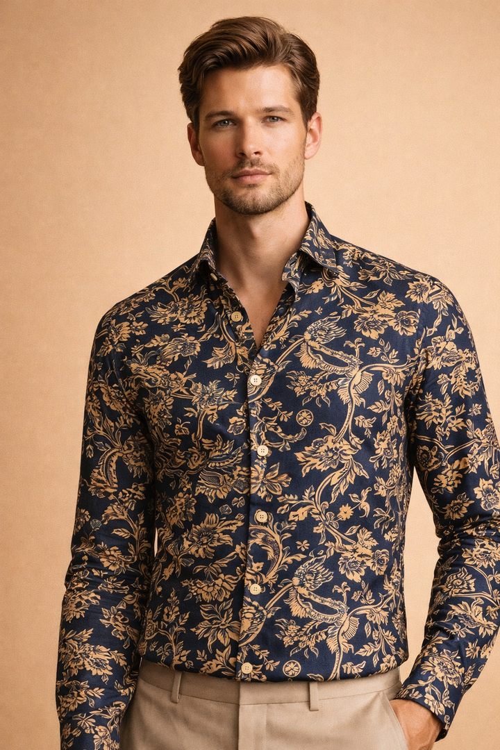 Trendy men's floral button-up shirt. Casual long-sleeve patterned style for modern men's fashion. Versatile top.