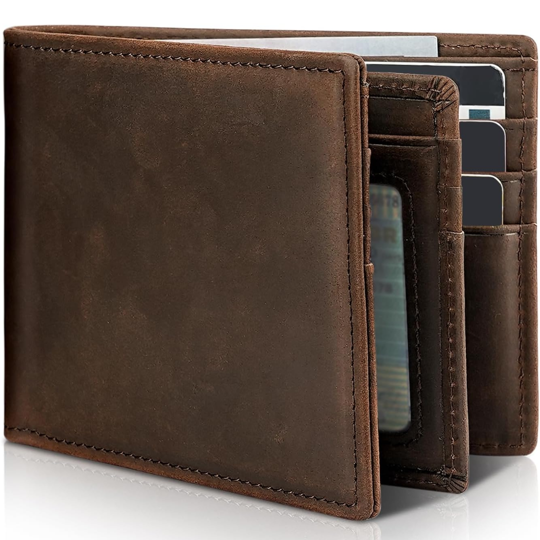 Men's genuine leather bifold wallet, slim design for everyday carry.