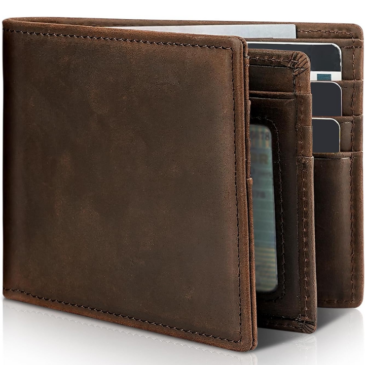 Men's genuine leather bifold wallet, slim design for everyday carry.