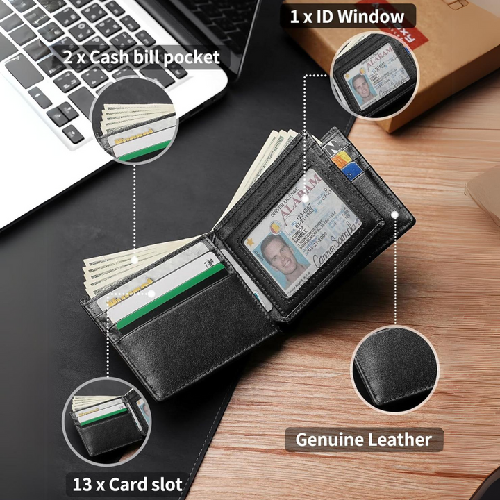 Black StitchCraft RFID blocking bifold wallet, an essential everyday carry for men.