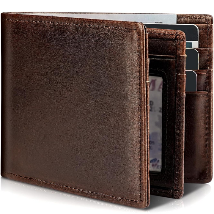 RFID blocking bifold wallet for men, crafted from high-quality genuine leather.