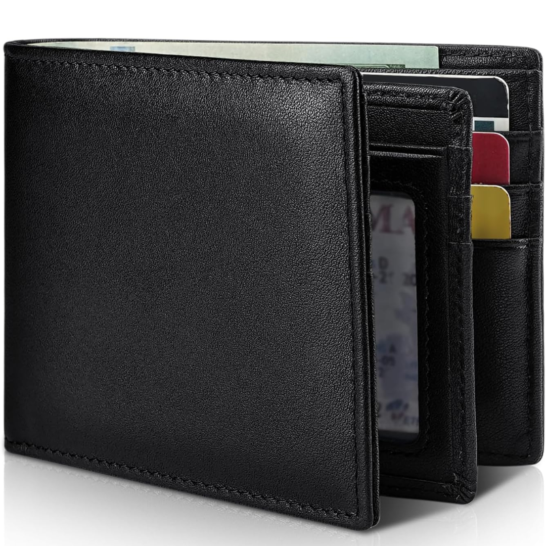 Front view of a men's slim genuine leather bifold wallet, showing craftsmanship.