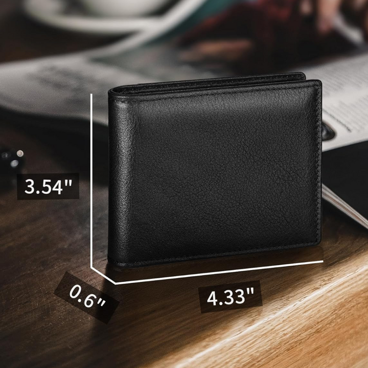 Interior view of a men's RFID blocking bifold wallet, organized for cards and cash.