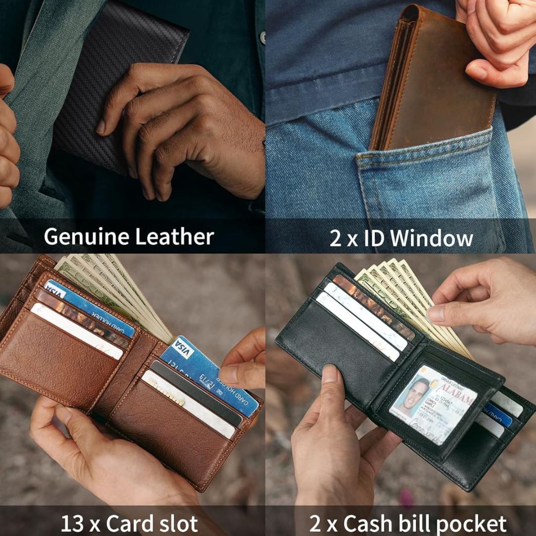Close-up of the stitching on a men's genuine leather bifold wallet.