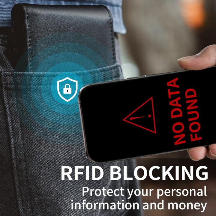 Brown genuine leather bifold wallet for men, featuring RFID blocking technology.