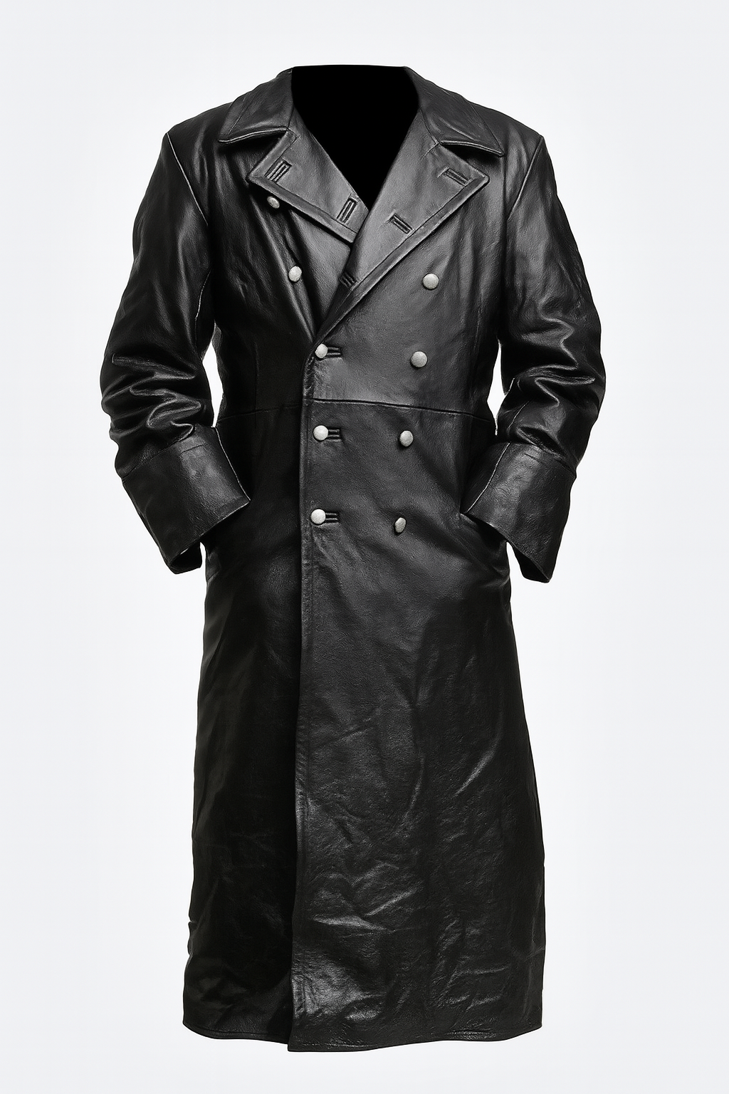 Men's Gothic WW2 Officer Style Trench Coat, long black military-inspired outerwear for dark fashion & winter.