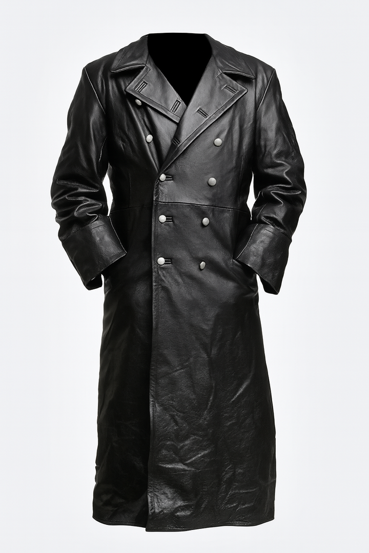 Men's Gothic WW2 Officer Style Trench Coat, long black military-inspired outerwear for dark fashion & winter.