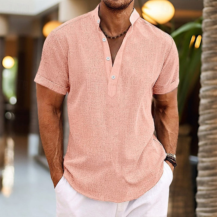 Men's short sleeve casual Henley t-shirt with a band collar, perfect for summer comfort and everyday wear.