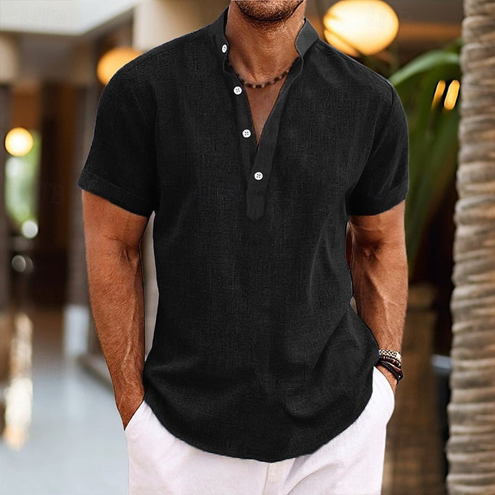 Soft men's short sleeve casual Henley t-shirt with a band collar. Great for relaxed summer fashion.