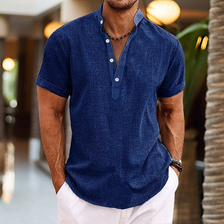 Versatile men's short-sleeve Henley t-shirt in a relaxed fit, offering casual comfort for everyday summer style.