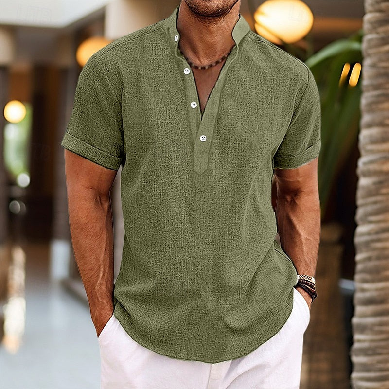 Stylish men's short sleeve Henley t-shirt, perfect for casual comfort, versatile for everyday summer fashion.