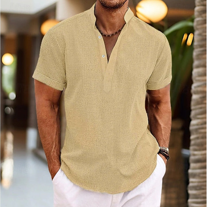 Comfortable men's short sleeve Henley t-shirt with a band collar. Relaxed fit, perfect for casual summer everyday wear.