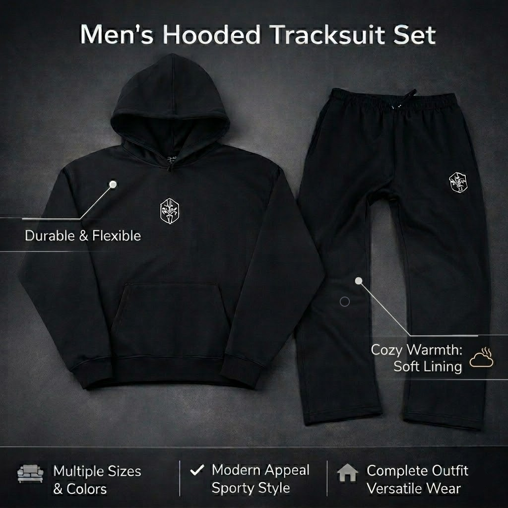 Full body hooded tracksuit for men, soft fabric for ultimate comfort.