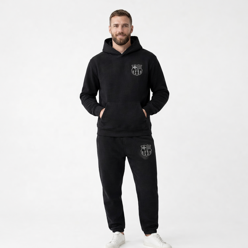 Detail shot of the hood and zipper on a men's comfortable loungewear tracksuit.