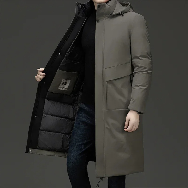 Men's insulated hooded long coat in black, perfect for ultimate winter comfort and cold weather protection.