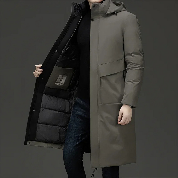 Men's insulated hooded long coat in black, perfect for ultimate winter comfort and cold weather protection.