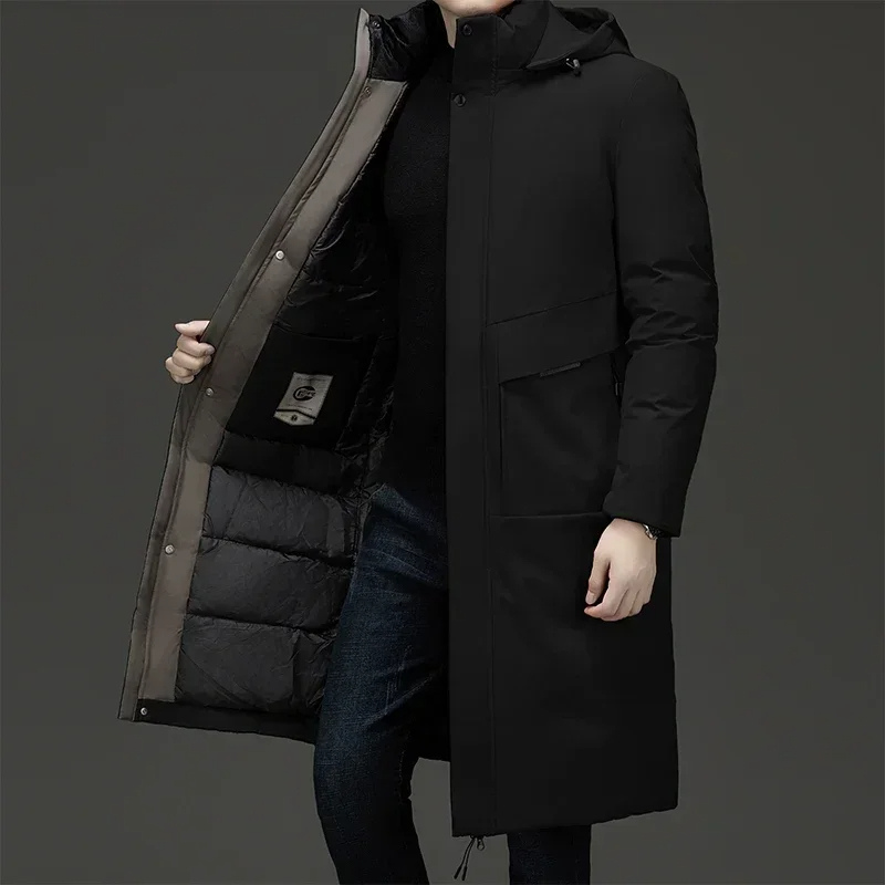 Stylish men's grey longline hooded coat, insulated for warmth and everyday winter comfort.