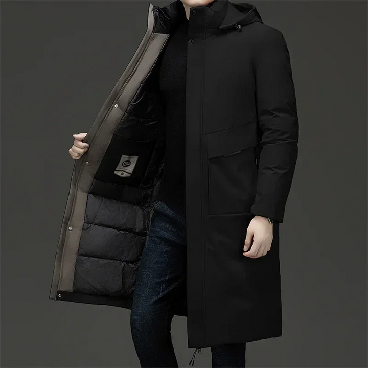 Stylish men's grey longline hooded coat, insulated for warmth and everyday winter comfort.