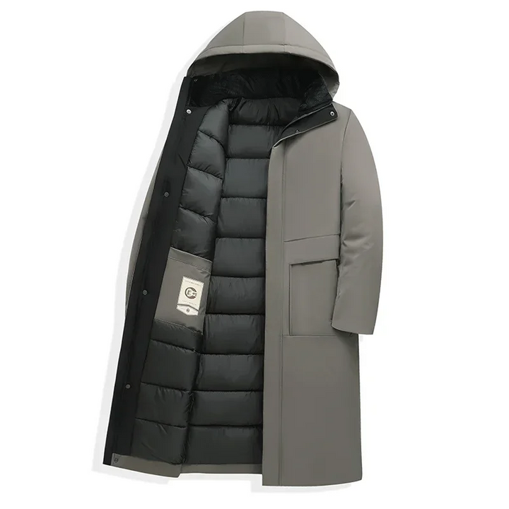 Black men's long hooded insulated jacket for superior warmth and winter comfort; ideal cold weather outerwear.