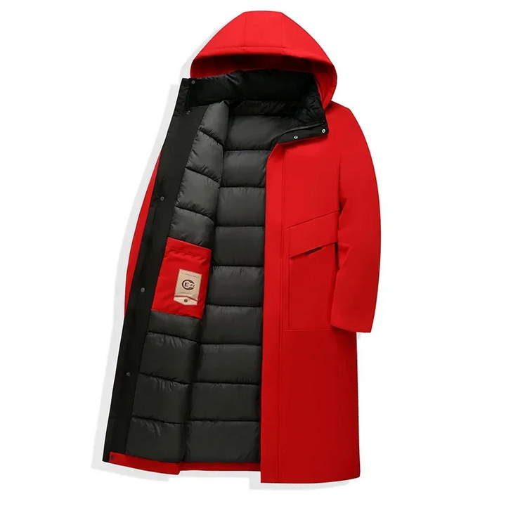 Comfortable men's insulated long hooded coat in grey, ideal for everyday winter wear and ultimate warmth.