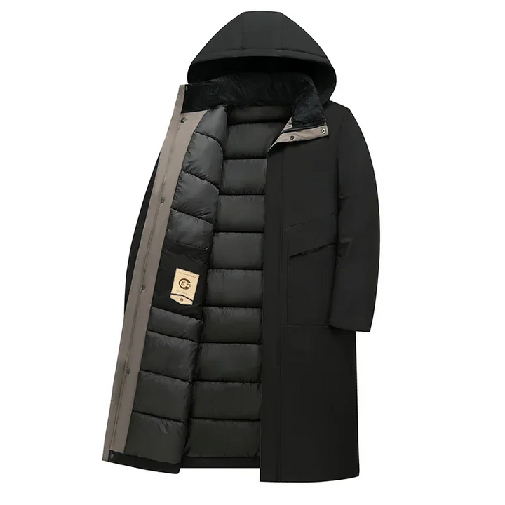 Men's insulated hooded long coat, available in black, red, or grey, for stylish and warm winter outerwear.