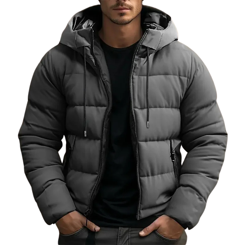 Warm men's puffer coat, quilted with a hood, perfect insulated outerwear for winter.