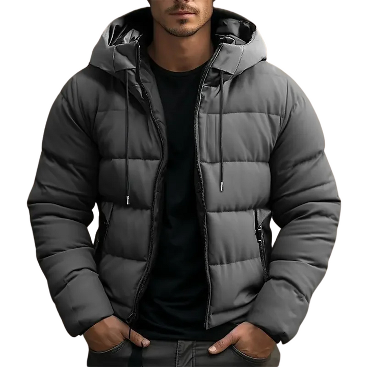 Warm men's puffer coat, quilted with a hood, perfect insulated outerwear for winter.
