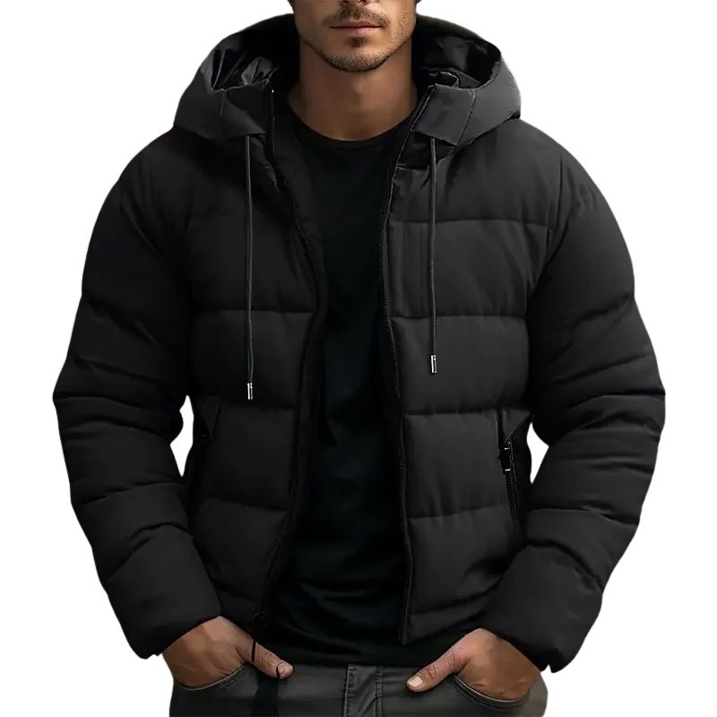 Insulated men's winter jacket, hooded and quilted, ideal for casual cold weather fashion.