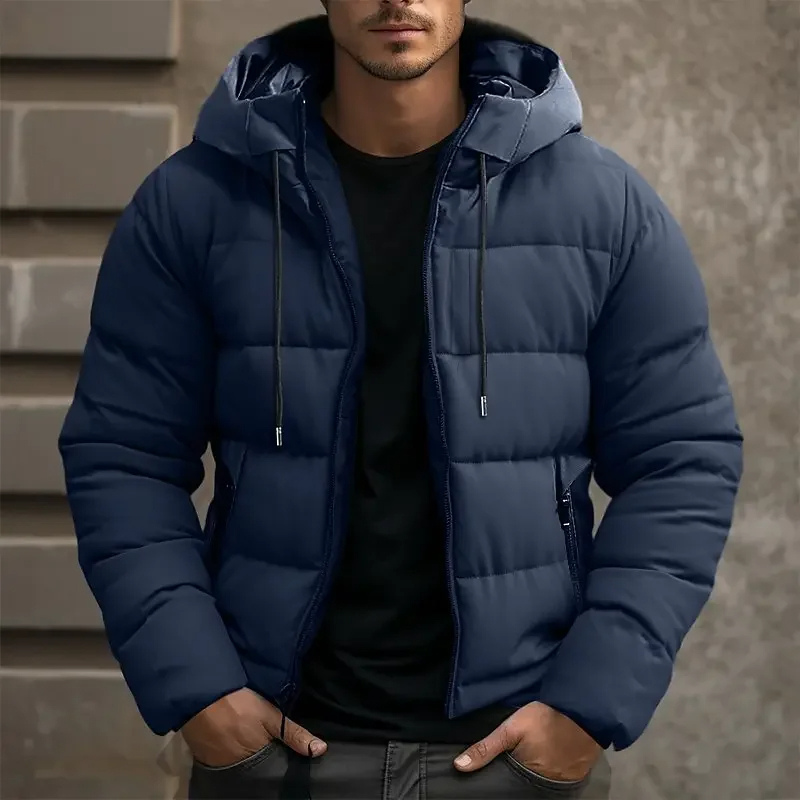 Stylish men's hooded puffer coat, insulated and quilted, perfect for winter warmth.