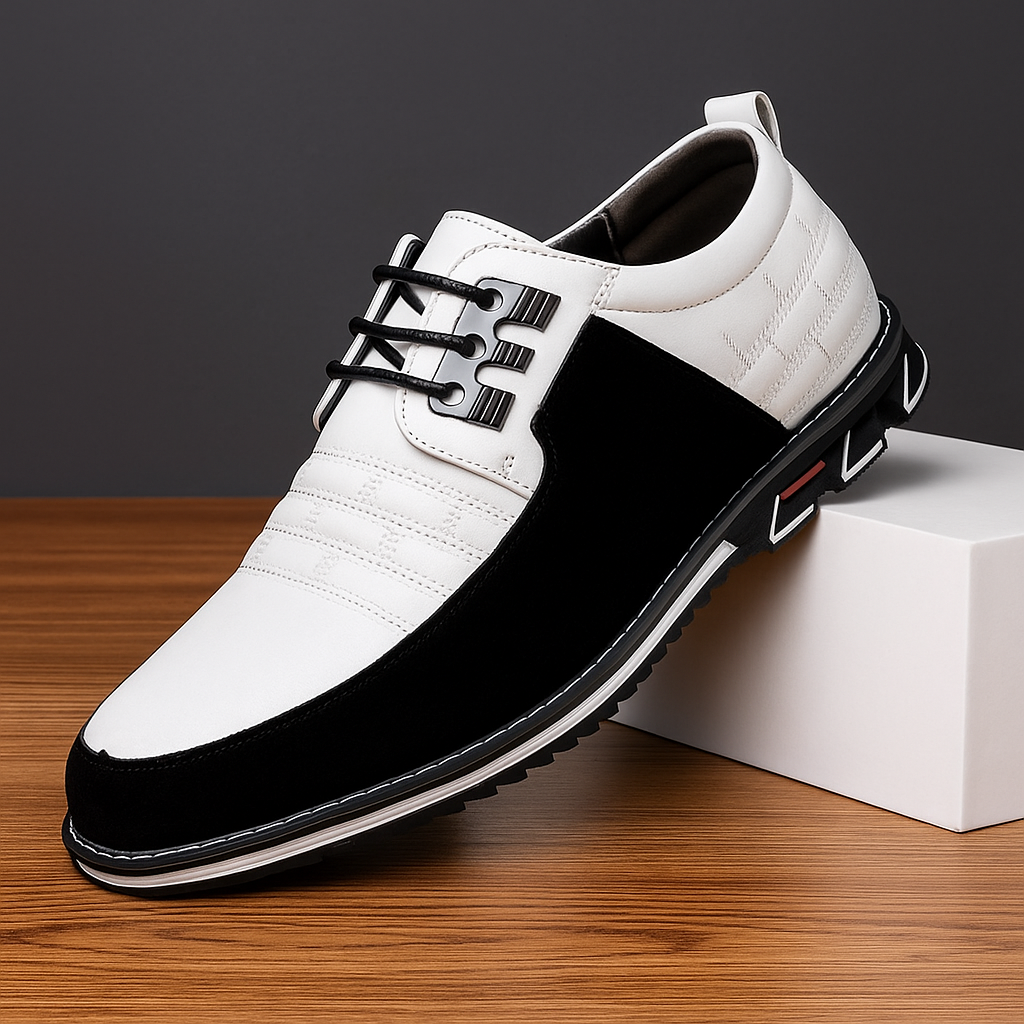 Close-up of men's hybrid oxfords showing intricate woven design, blending classic and modern aesthetics.