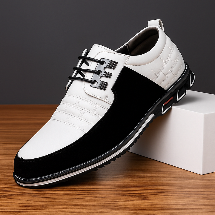 Close-up of men's hybrid oxfords showing intricate woven design, blending classic and modern aesthetics.